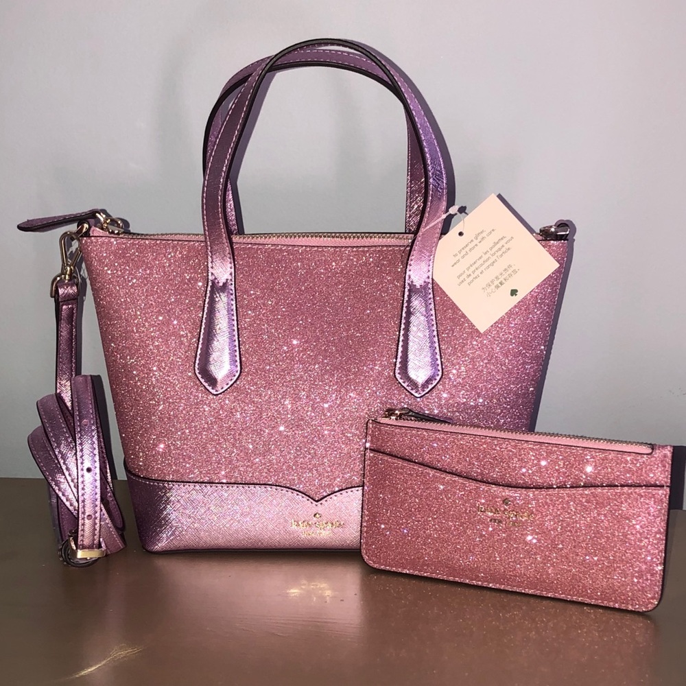 KATE♠️SPADE LOLA PINK GLITTER SATCHEL & WALLET - Picture 1 of 13